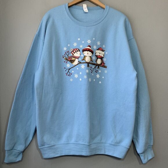 Jerzees NuBlend Sweatshirt Size Large Light Blue Christmas Bird Winter Grandma - Picture 1 of 6
